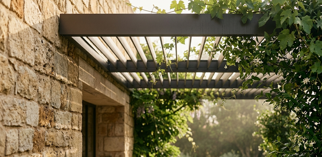 Inspiration architecturale estivale d'une pergola métallique sur mesure et pierre naturelle