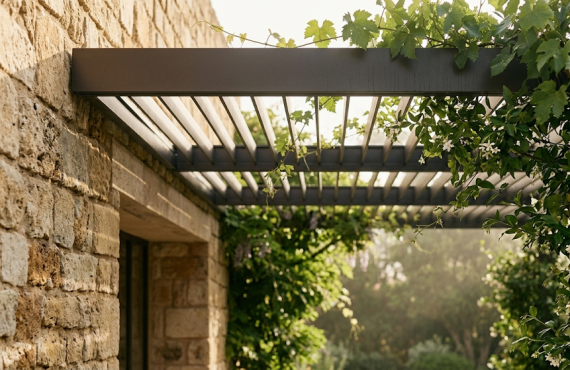 Inspiration architecturale estivale d'une pergola métallique sur mesure et pierre naturelle