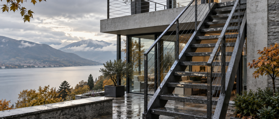 Vue d’ensemble d’un escalier ou d’un garde-corps extérieur après la pluie, dans une lumière naturelle d’automne-oxmetal