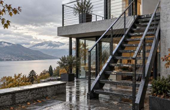 Vue d’ensemble d’un escalier ou d’un garde-corps extérieur après la pluie, dans une lumière naturelle d’automne-oxmetal